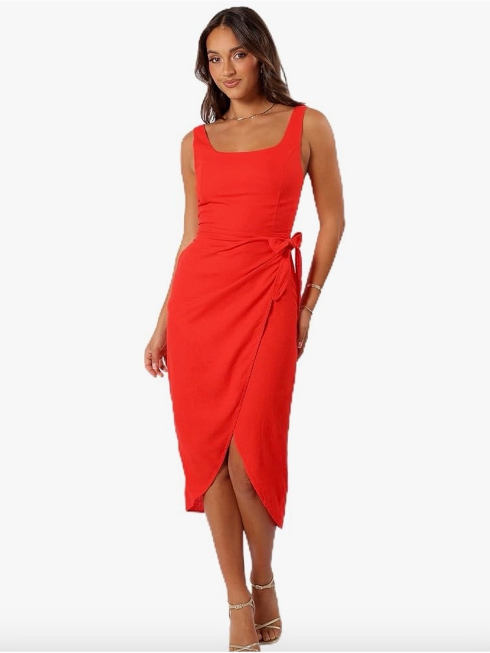 Wilfred Red Square-Neck Tie-Waist Midi Dress